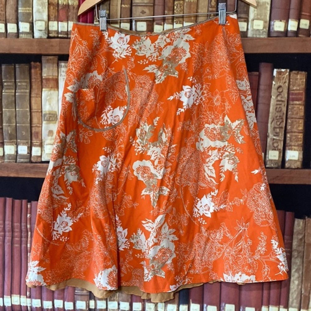 Anthropologie Lapis Orange Floral A-Line Midi Skirt Pocket Boho Cottagecore